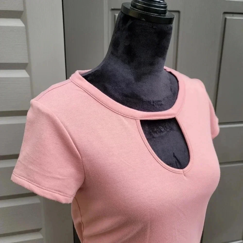 Soft Knit Short Sleeve Dress Keyhole Neckline Pink